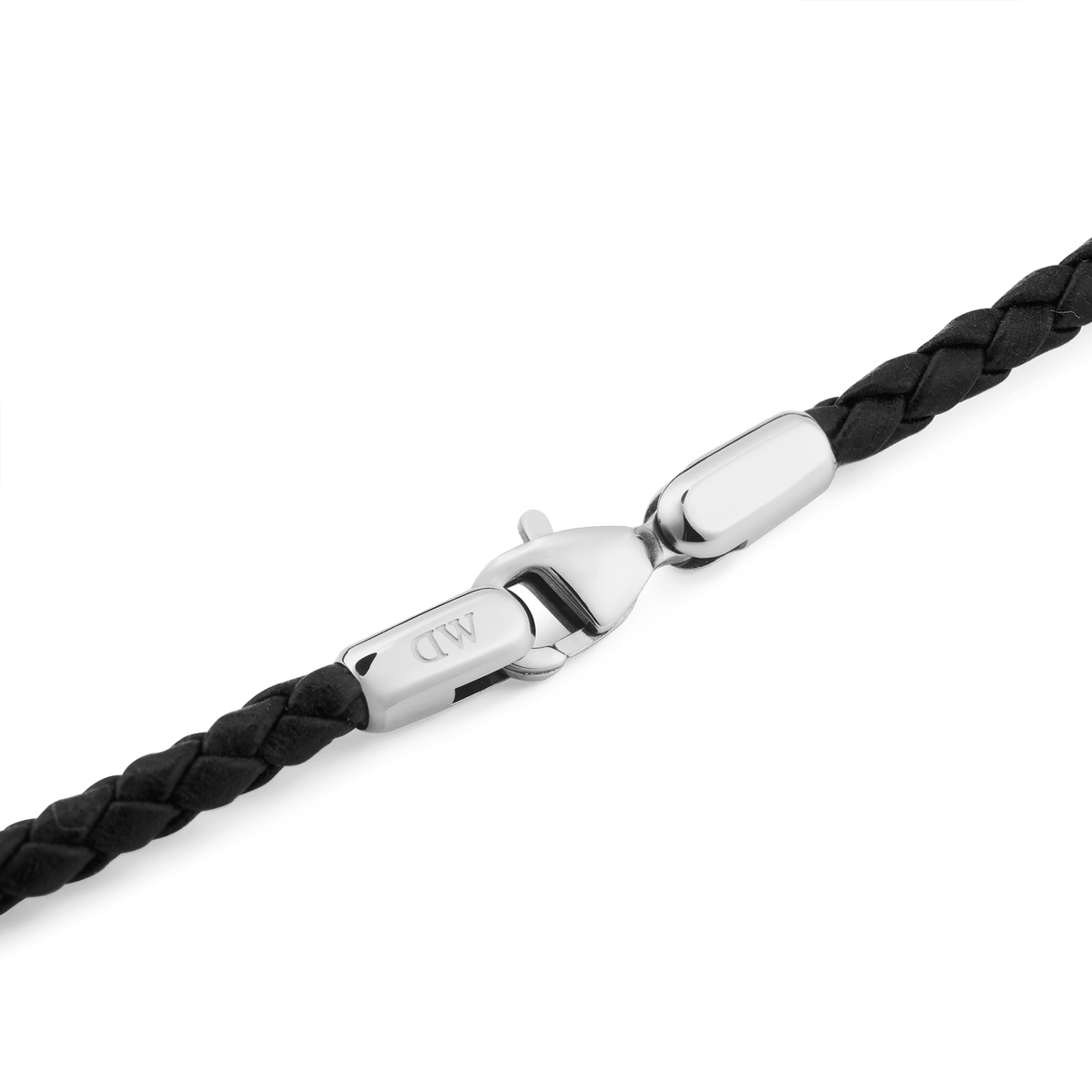 Detail of the Daniel Braided Leather Bracelet Sheffield 2.8 Silver, showing the slim black braided leather band and polished silver-tone lobster clasp engraved with the Daniel Wellington logo.
