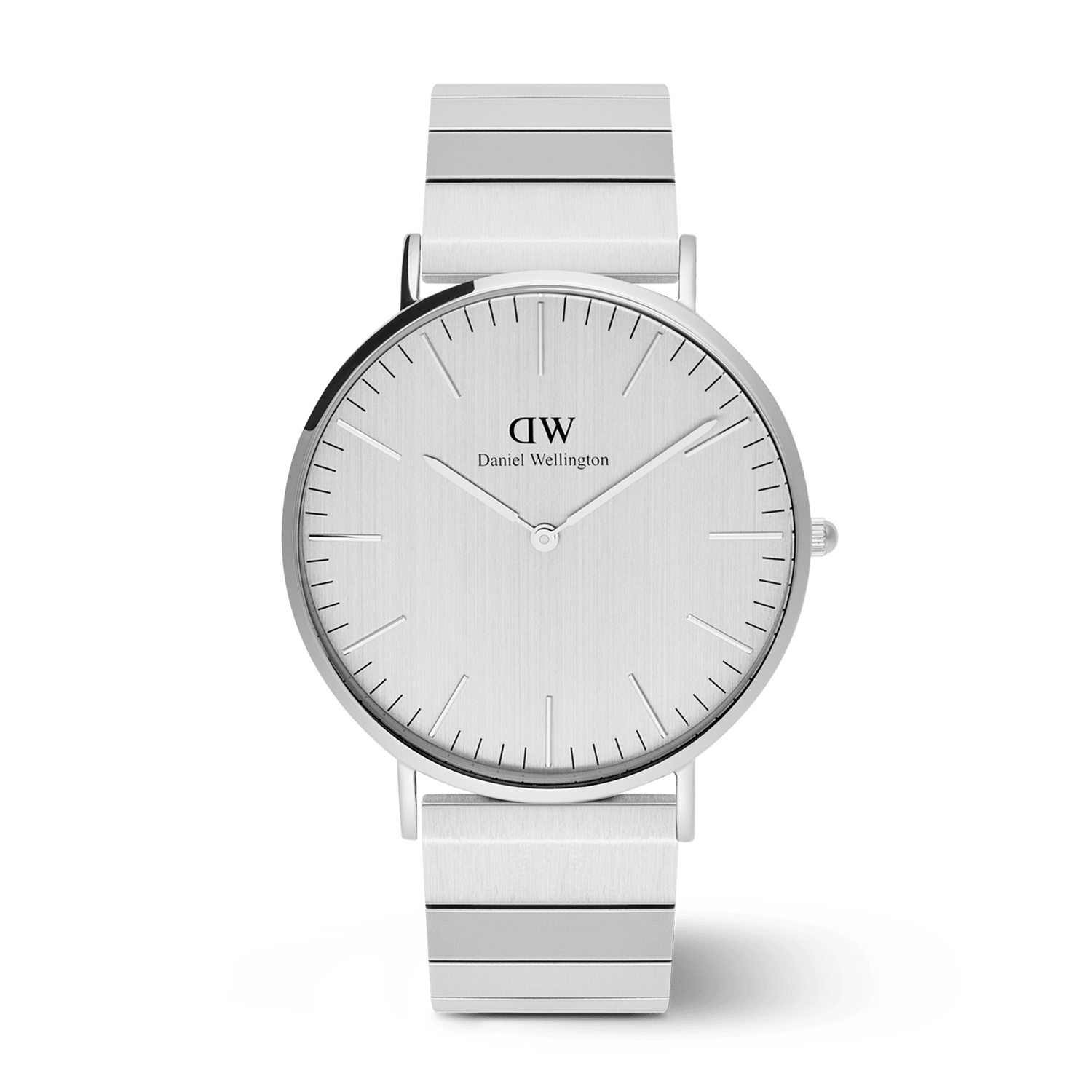 Classic men’s watch with a brushed silver minimalist dial, piano link stainless steel strap, and a sleek, modern silhouette.