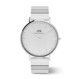 Classic men’s watch with a brushed silver minimalist dial, piano link stainless steel strap, and a sleek, modern silhouette.