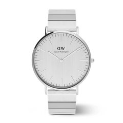 Classic men’s watch with a brushed silver minimalist dial, piano link stainless steel strap, and a sleek, modern silhouette.
