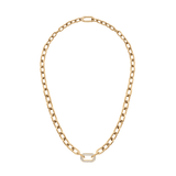 Chunky gold chain necklace with a crystal-embellished link at the centre, crafted from stainless steel with a gold PVD finish and featuring lead-free cubic zirconia for a refined, modern look.
