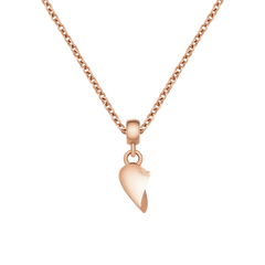 Rose gold broken heart charm pendant with a polished finish, shown on a matching rose gold chain necklace.