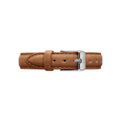 Durham Strap Silver light brown leather watch strap with contrast stitching and engraved silver buckle, Daniel Wellington.