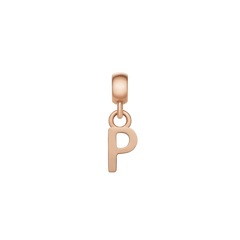 Rose gold letter P charm with a refined, polished finish and minimalist style, designed for personalising bracelets or necklaces with a touch of elegance.