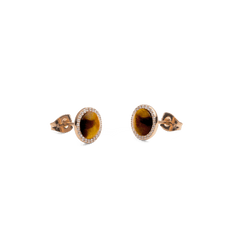 Audrey Earrings in rose gold with tiger eye stones and white cubic zirconia halo, elegant stud design for everyday wear.