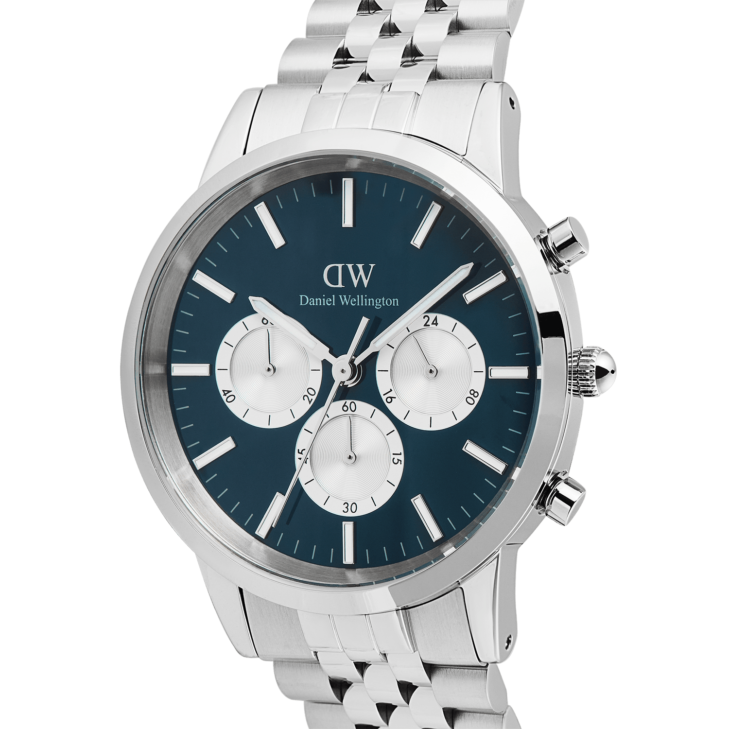 Close-up of the Daniel Wellington Iconic Chronograph Arch 5-Link Arctic Panda Silver watch, showcasing its blue enamel dial, silver sub-dials, luminous hands, and polished stainless steel bracelet.