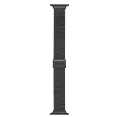 Black sandblasted mesh stainless steel smartwatch strap with adjustable clasp, shown flat to display its fine woven texture and sleek design.