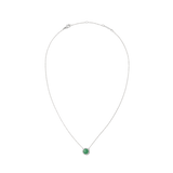 Silver necklace with a round jade pendant, accented by white cubic zirconia, on a fine adjustable chain.