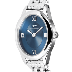 Close-up of Ophelia Mini Arctic Silver watch with polished oval case, blue sunray dial, and Roman numeral hour markers.