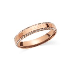 Rose gold ring with a polished finish, featuring two rows of white cubic zirconia crystals along the edges and the Daniel Wellington signature engraved on the band. The design combines classic elegance with a modern touch, making it a versatile accessory for women.