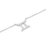 Close-up of the Crystal Zodiac Chain Necklace Silver featuring a Gemini pendant adorned with sparkling hand-set crystals on a fine silver chain.