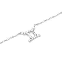 Close-up of the Crystal Zodiac Chain Necklace Silver featuring a Gemini pendant adorned with sparkling hand-set crystals on a fine silver chain.