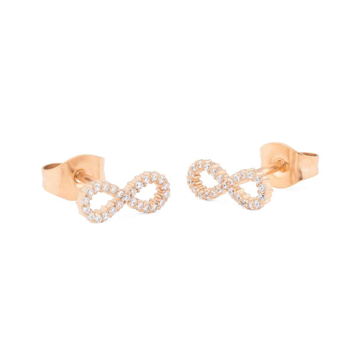 Mirelle Infinity Earring Rose Gold stud earrings featuring a polished rose gold infinity design, pavé set with sparkling white cubic zirconia crystals and secure stud fastenings.