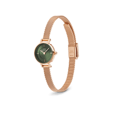 Petite Mini Emerald Melrose watch with an emerald green sunray dial, minimalist round face, and a slim rose gold mesh strap featuring an adjustable clasp, designed for small wrists.