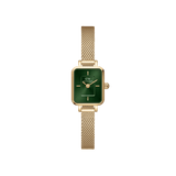 Quadro Mini Evergold Emerald women’s watch with gold mesh strap and rectangular emerald green sunray dial.