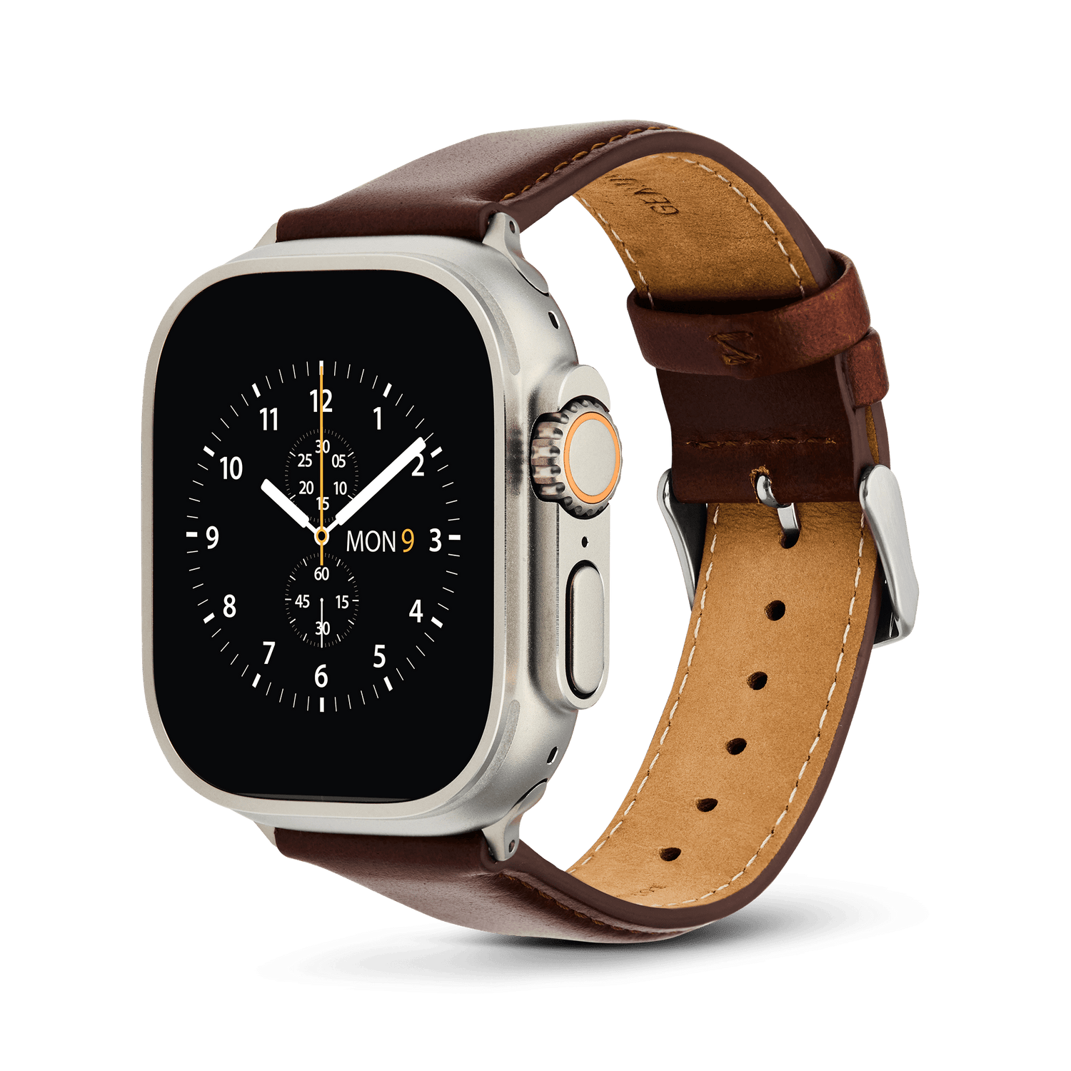 Apple Watch Ultra fitted with a Daniel Wellington St Mawes brown leather strap, featuring contrast stitching, a polished silver pin buckle, and a classic, padded design for an elegant and comfortable fit.