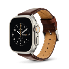 Apple Watch Ultra fitted with a Daniel Wellington St Mawes brown leather strap, featuring contrast stitching, a polished silver pin buckle, and a classic, padded design for an elegant and comfortable fit.
