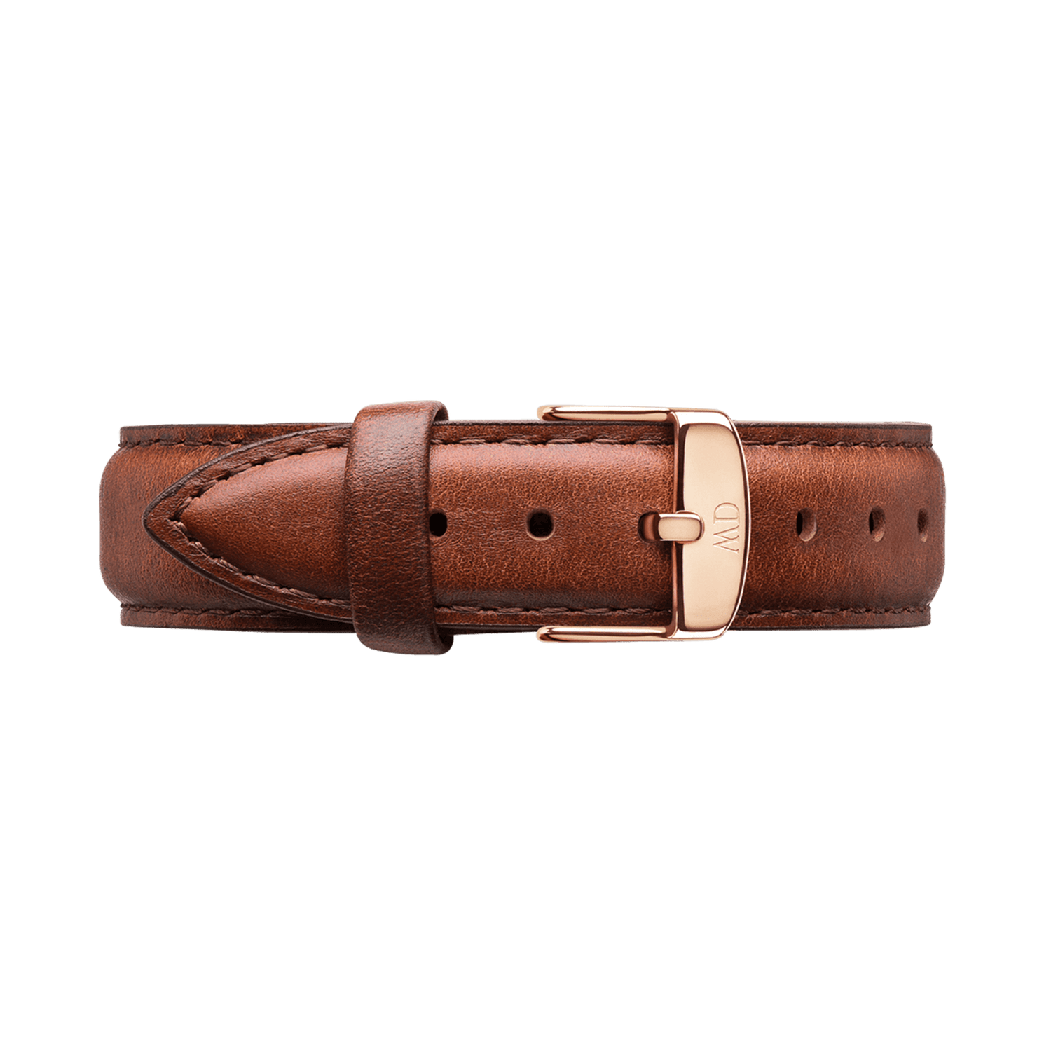 Rich light brown leather watch strap with detailed stitching, featuring a polished rose gold buckle engraved with the Daniel Wellington logo. The supple leather and refined finish offer a classic yet contemporary look, ideal for upgrading your timepiece.