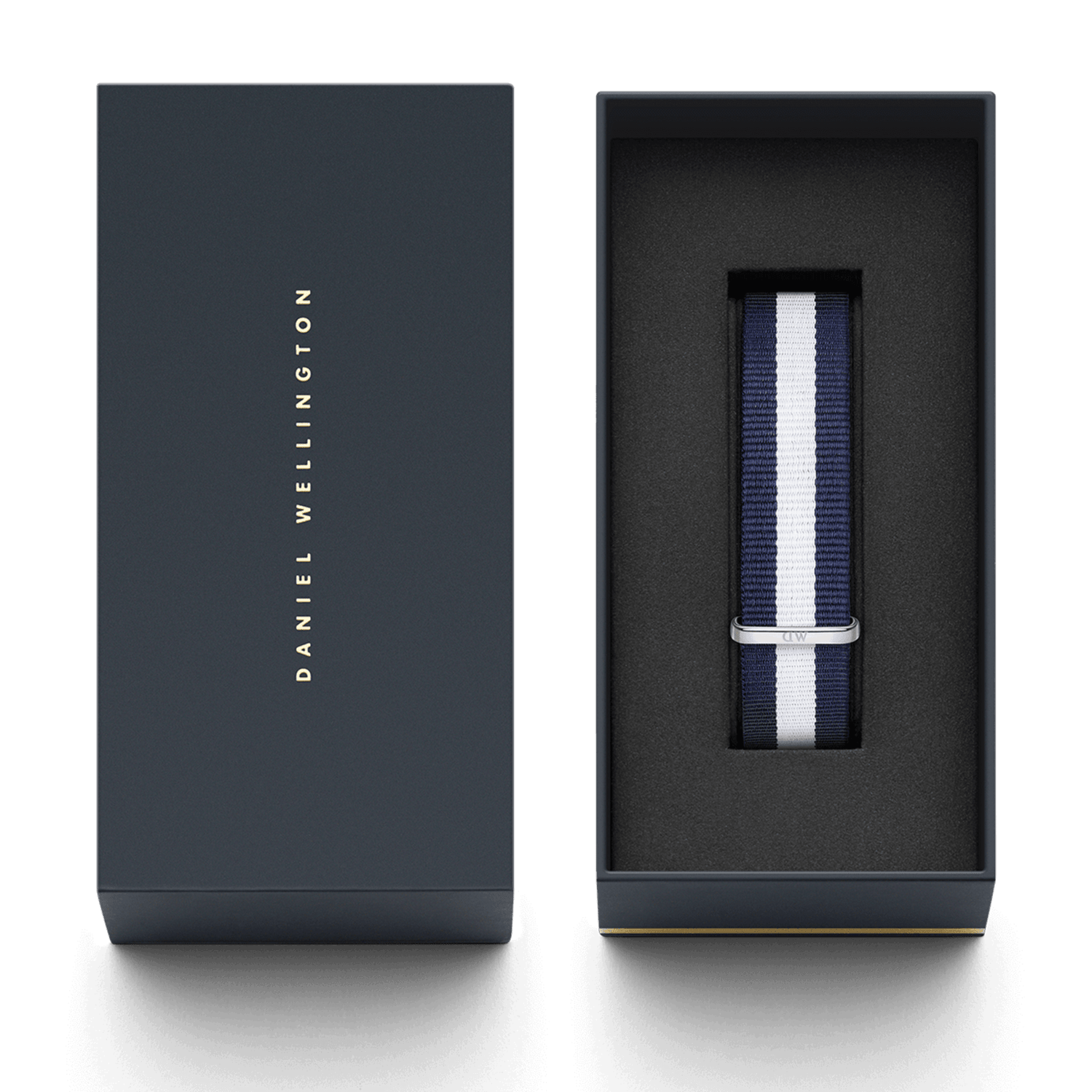 Daniel Wellington Glasgow Strap Silver with navy and white stripes, presented in an elegant branded gift box with a silver buckle detail.