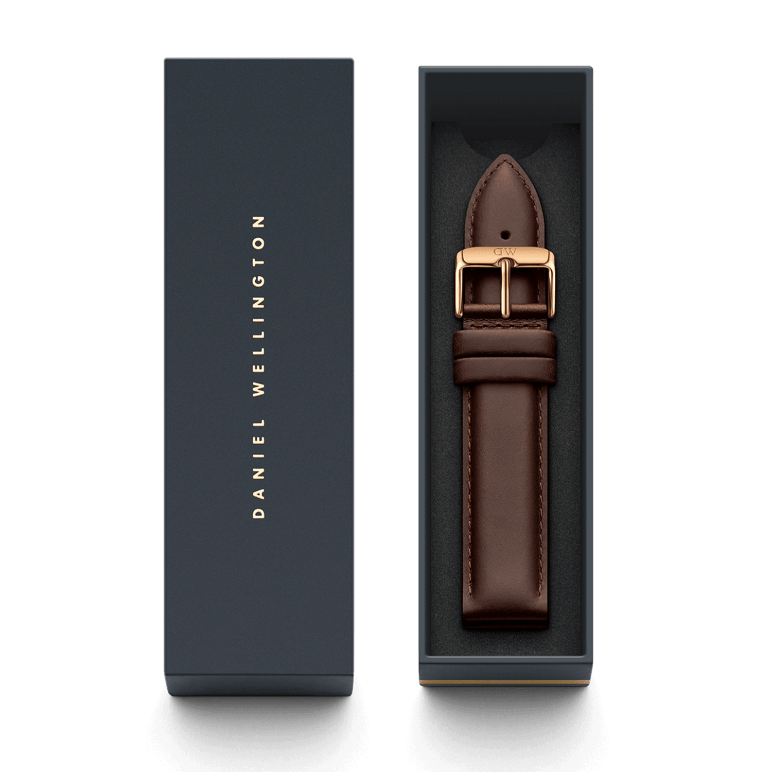 Bristol Strap Rose Gold presented in a Daniel Wellington gift box, featuring smooth dark brown leather and a polished rose gold buckle for a refined and elegant watch upgrade.