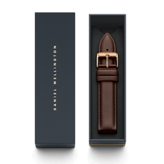 Bristol Strap Rose Gold presented in a Daniel Wellington gift box, featuring smooth dark brown leather and a polished rose gold buckle for a refined and elegant watch upgrade.