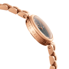 Side view of the Elan Lumine Malachite Rose Gold watch showcasing its engraved rose gold case, green malachite dial, and polished three-link bracelet.
