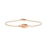 Minimalist rose gold Elan Unity Bracelet featuring two engraved interlocking rings on a slim chain with a lobster clasp.