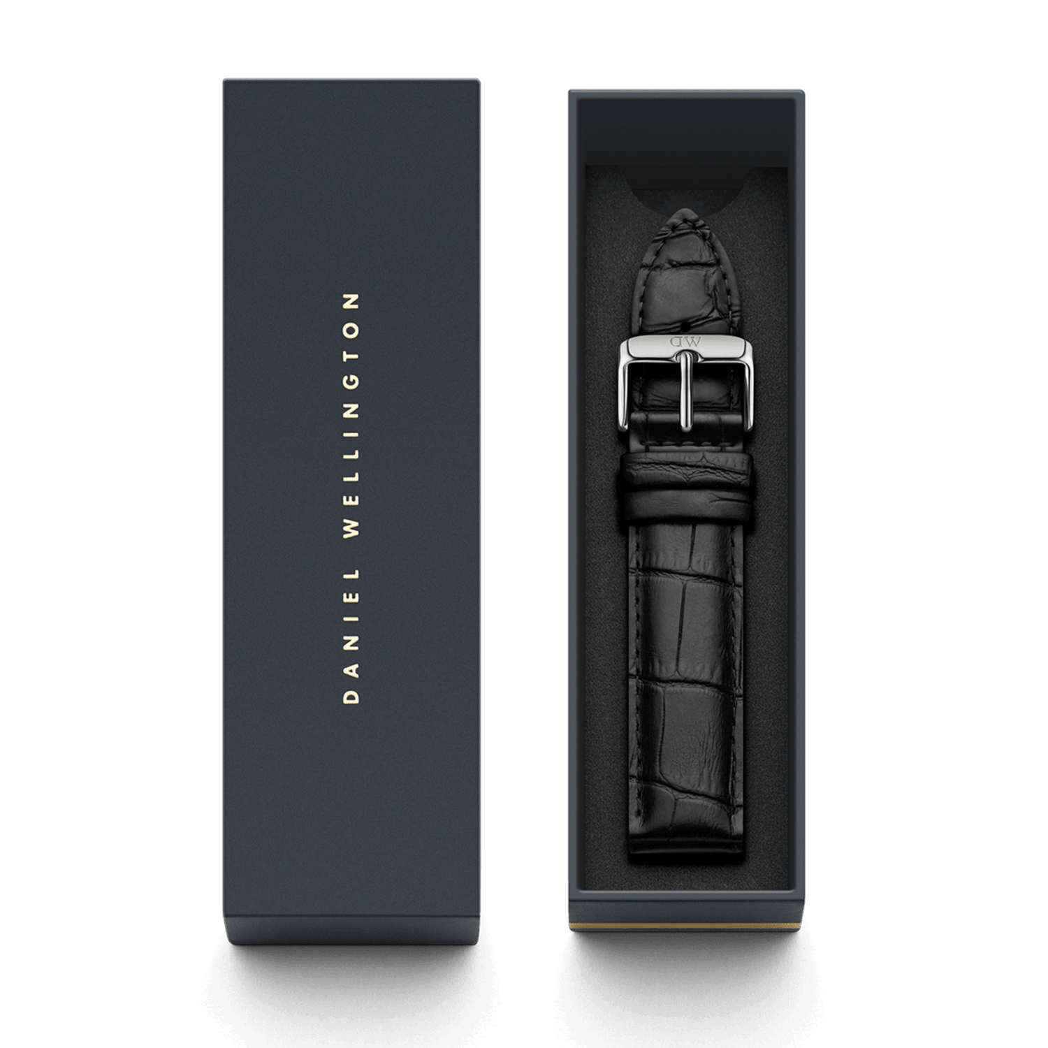 Black croc embossed leather watch strap with a polished silver buckle, elegantly presented in a sleek Daniel Wellington gift box.