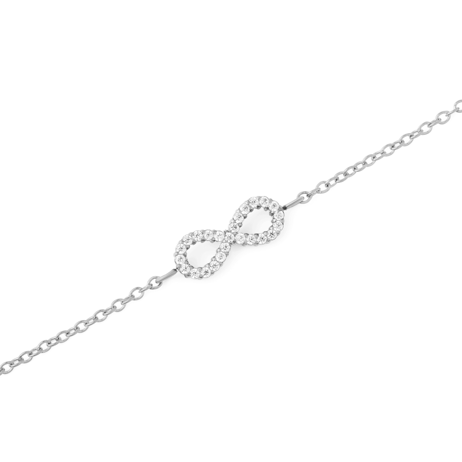 Close-up of the Mirelle Infinity Bracelet Silver, featuring a polished silver chain and a central infinity symbol encrusted with sparkling white cubic zirconia crystals.