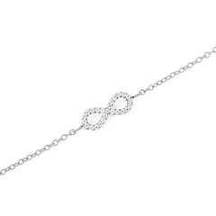 Close-up of the Mirelle Infinity Bracelet Silver, featuring a polished silver chain and a central infinity symbol encrusted with sparkling white cubic zirconia crystals.