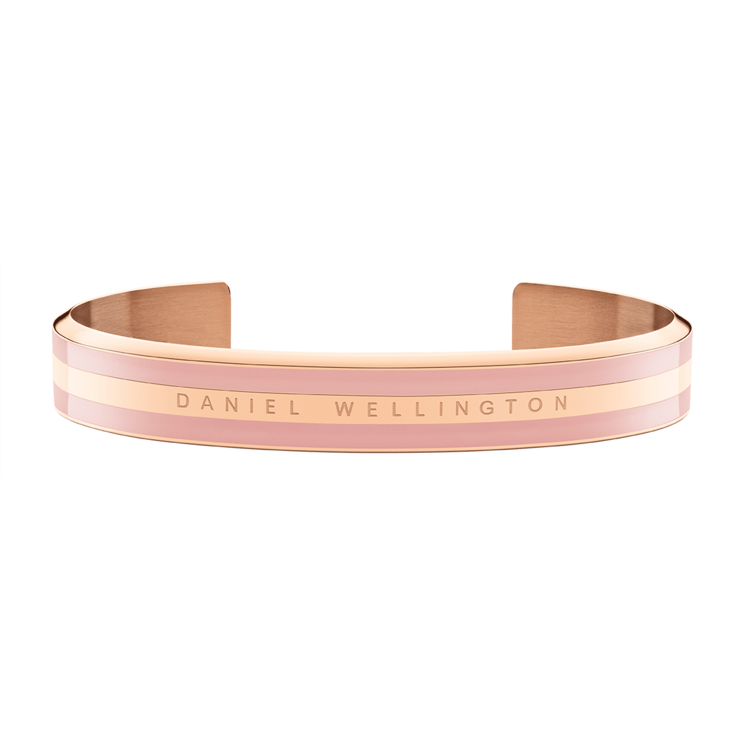 Wide rose gold cuff bracelet with a dusty rose enamel inlay and Daniel Wellington logo engraved at the centre.