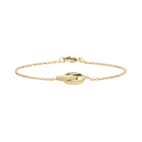 Slim gold Elan Unity Bracelet with interlocking rings on a fine chain, featuring a polished finish and engraved detailing.