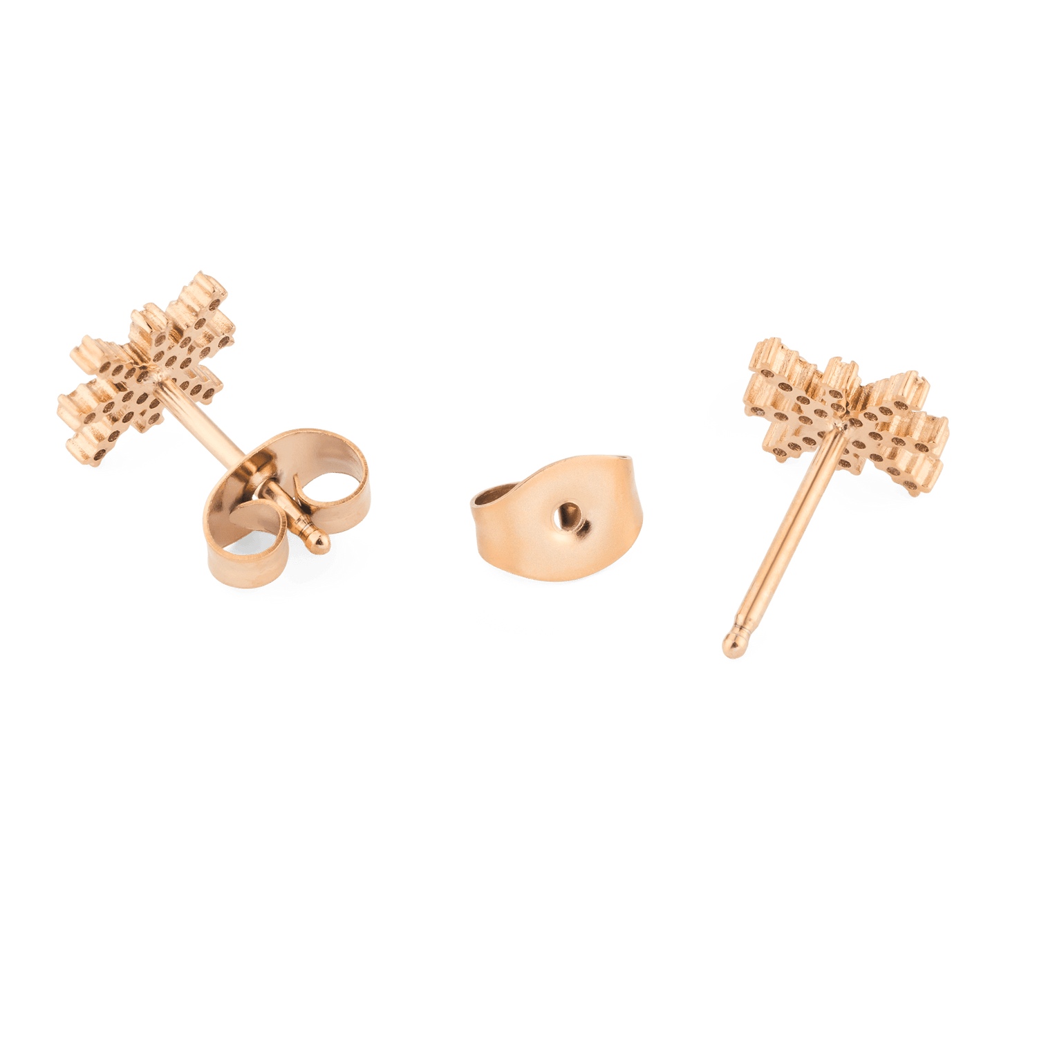 Back view of Mirelle Star Earring Rose Gold studs, highlighting the rose gold-plated stainless steel setting, star-shaped design, and secure butterfly backs.