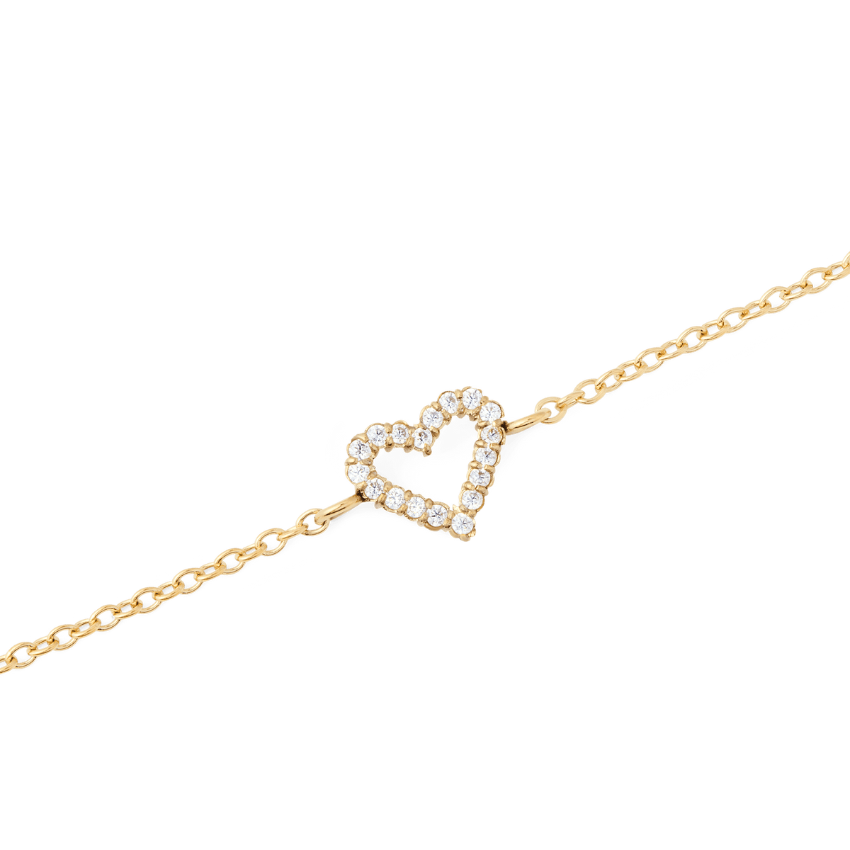 Close-up of the Mirelle Heart Bracelet Gold, highlighting its fine gold chain and open heart charm adorned with sparkling white cubic zirconia crystals.