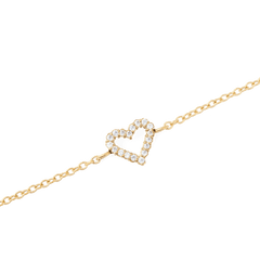 Close-up of the Mirelle Heart Bracelet Gold, highlighting its fine gold chain and open heart charm adorned with sparkling white cubic zirconia crystals.