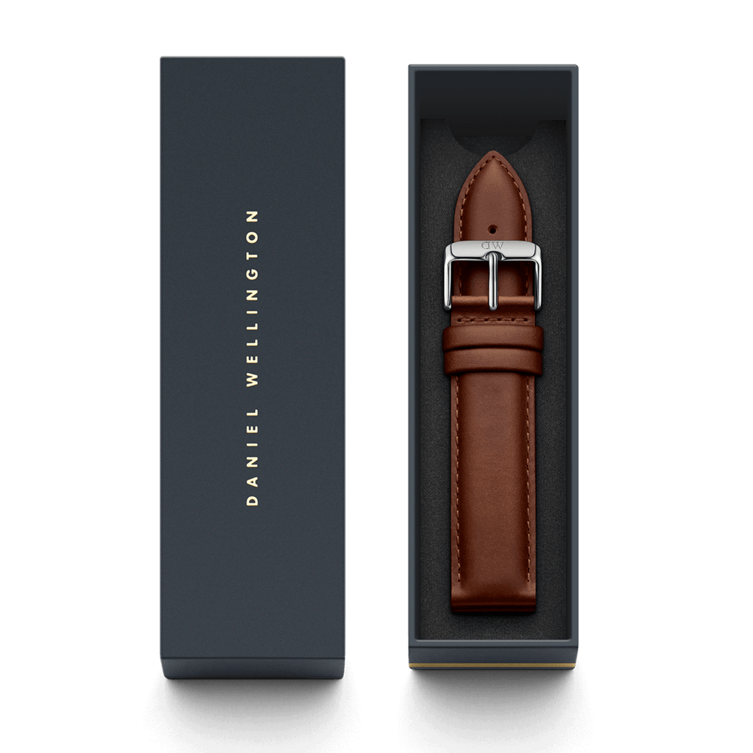 St Mawes XL Strap Silver presented in a sleek Daniel Wellington gift box, featuring light brown genuine leather with fine stitching and a polished silver buckle engraved with the brand’s monogram.