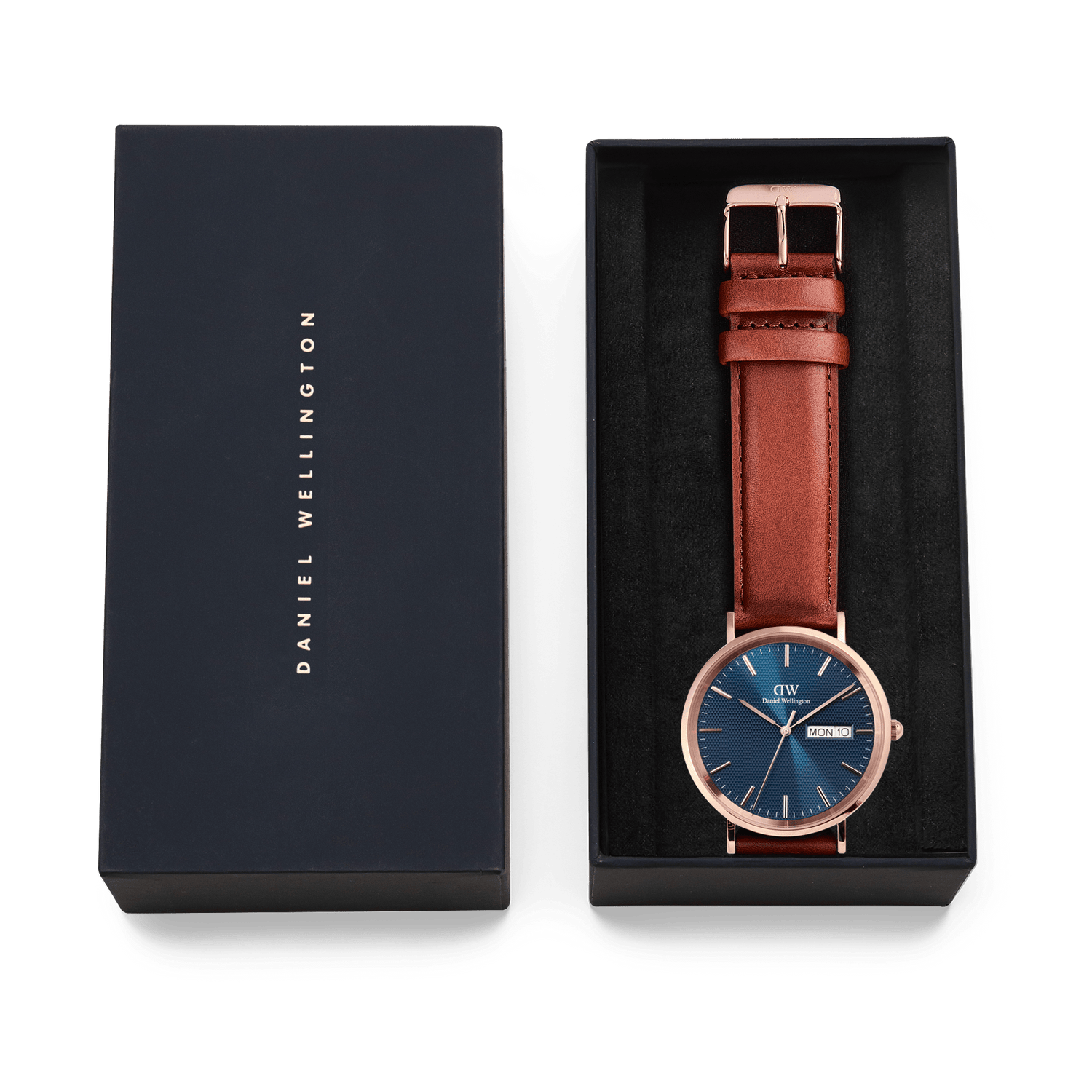 Classic Day Display St Mawes Rose Gold Arctic watch with a blue dial and brown leather strap, presented in an elegant Daniel Wellington gift box.