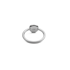 Back view of Audrey Ring Tiger Eye Silver, showcasing polished stainless steel band and engraved DW logo on the setting.