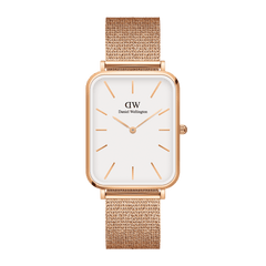 Rectangular women’s watch with an eggshell white dial, minimalist rose gold markers, and a pressed rose gold mesh strap, showcasing a refined and elegant design.