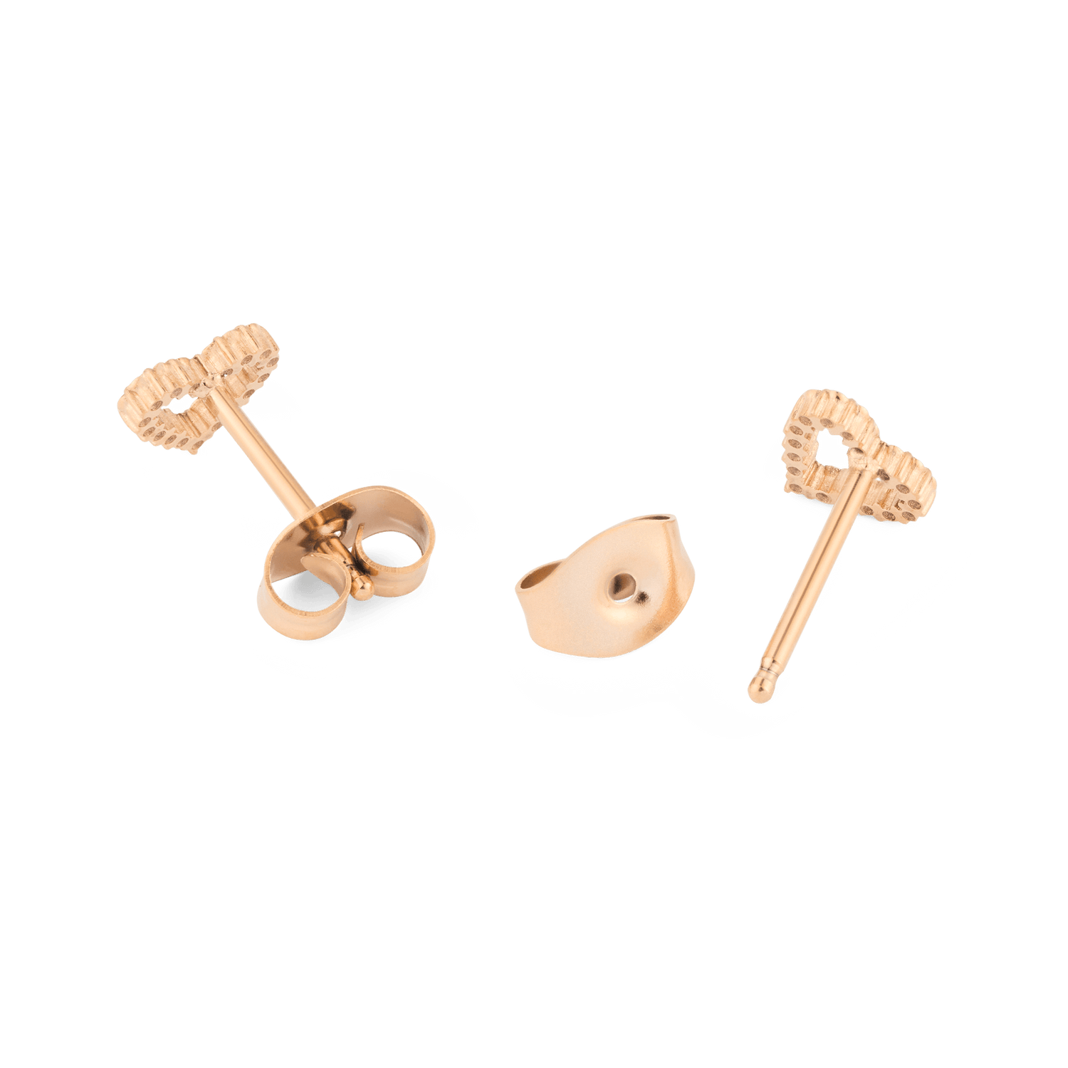 Close-up of the Mirelle Heart Earring Rose Gold butterfly backs and posts, showing the secure fastening and polished rose gold finish.