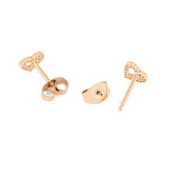 Close-up of the Mirelle Heart Earring Rose Gold butterfly backs and posts, showing the secure fastening and polished rose gold finish.