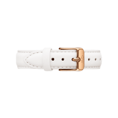White leather watch strap with subtle stitching and a polished rose gold buckle, designed for a refined and elegant look. The strap features multiple adjustment holes and a smooth finish, suitable for both men’s and women’s watches.