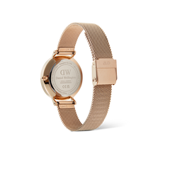 Back view of the Petite Lune Melrose watch showing the engraved caseback, rose gold mesh strap, and secure clasp.