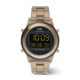 Retro Digital Dark Brown watch by Daniel Wellington featuring a transparent dark brown bio-based plastic case, matching link strap, and a clear black digital display with dual time and chronograph functions.