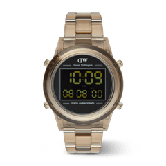 Retro Digital Dark Brown watch by Daniel Wellington featuring a transparent dark brown bio-based plastic case, matching link strap, and a clear black digital display with dual time and chronograph functions.