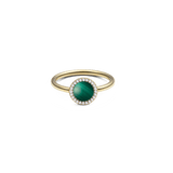 Gold ring with round green malachite centre, haloed by white cubic zirconia crystals on a slim band.