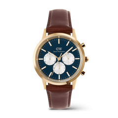 Men’s chronograph watch featuring a blue enamel-finished dial with white sub-dials, gold PVD-plated stainless steel case, and a brown genuine leather strap with pin buckle.