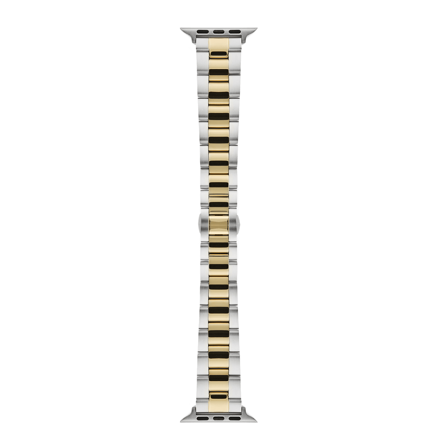 Daniel Wellington Smartwatch Iconic Link two-tone strap for Apple Watch, featuring brushed silver stainless steel outer links and a polished gold centre link, shown with a butterfly clasp and tapered design.