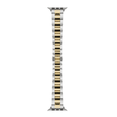 Daniel Wellington Smartwatch Iconic Link two-tone strap for Apple Watch, featuring brushed silver stainless steel outer links and a polished gold centre link, shown with a butterfly clasp and tapered design.