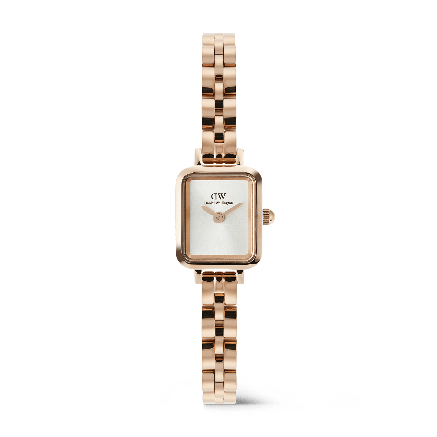 Petite rose gold women’s watch with a rectangular white sunray dial, minimalist face, and a polished 3-link stainless steel bracelet. The elegant arched case and seamless butterfly clasp highlight its refined, contemporary style.